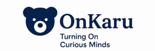 OnKaru logo with a navy blue teddy bear head icon and the tagline “Turning On Curious Minds”, on a transparent background.