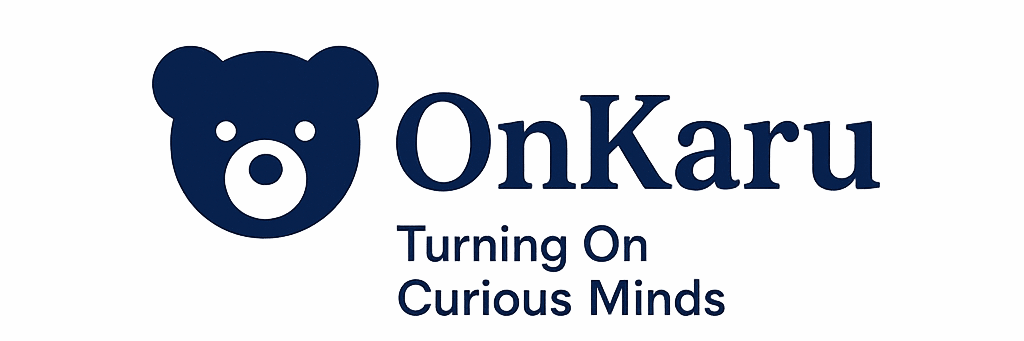 OnKaru Logo – Teddy Bear Icon with Tagline OnKaru logo with a navy blue teddy bear head icon and the tagline “Turning On Curious Minds”, on a transparent background.
